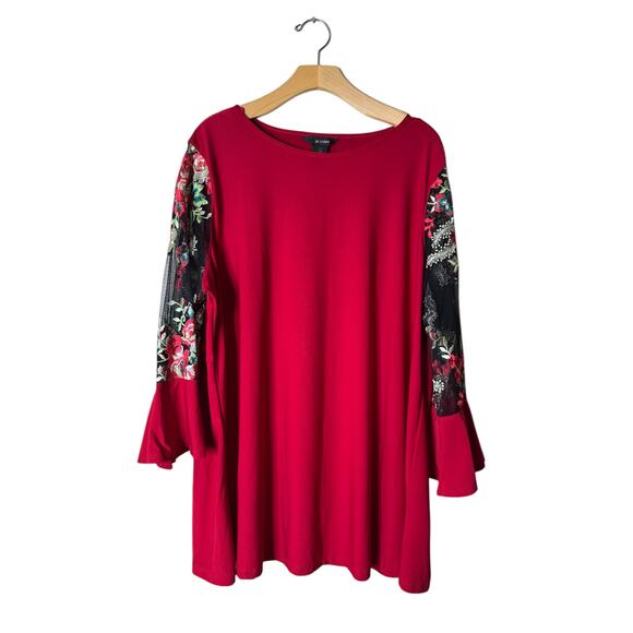 Ali Miles Plus 1X Red Jersey Floral Embroidered Sheer Bell Sleeve Blouse - Picture 1 of 7